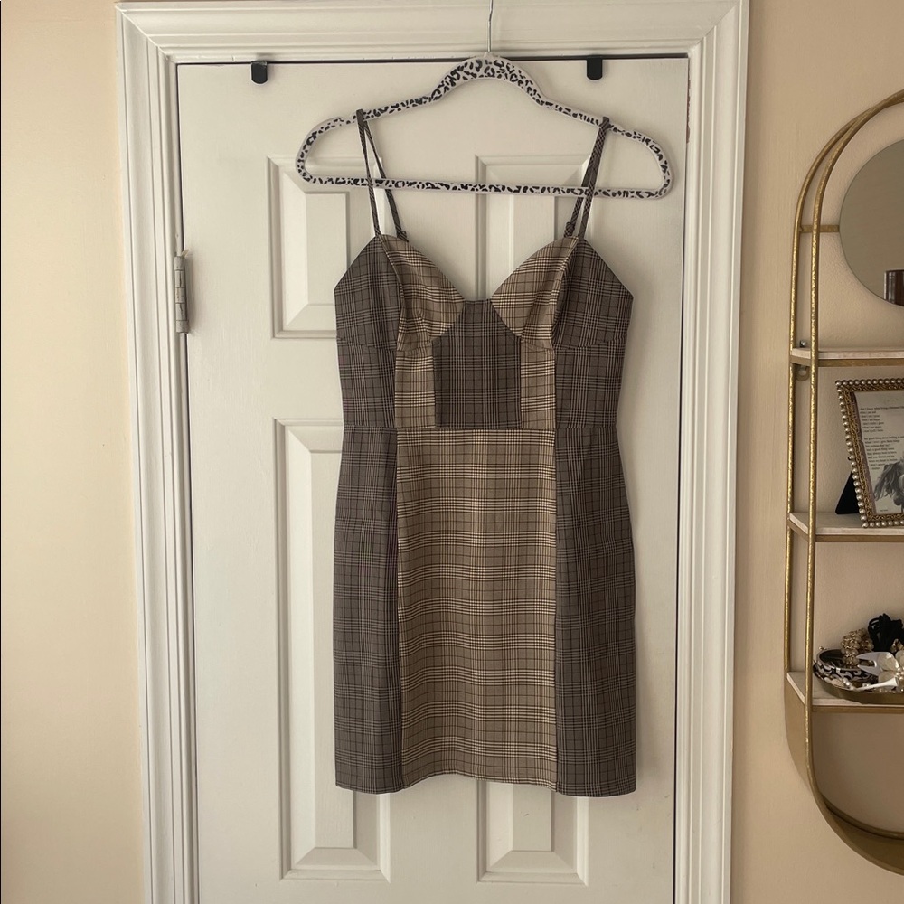 Preppy Plaid Brown Women's Dress with Balconette Neckline